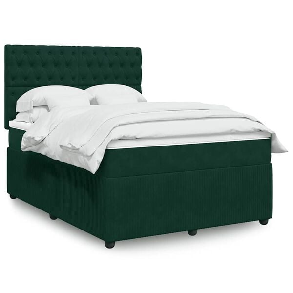 vidaXL Pat box spring cu saltea, verde &icirc;nchis, 160x200 cm, catifea