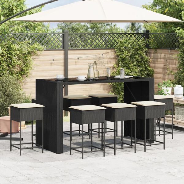 vidaXL Set mobilier bar de grădină cu perne, 9 piese, negru, poliratan