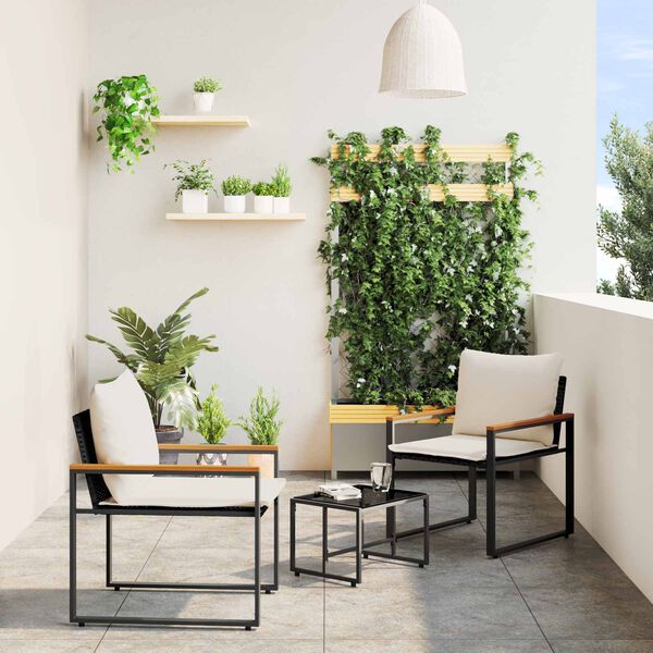 vidaXL Seturi de mobilier cu pernă 3 pcs Negru și Alb crem Ratan