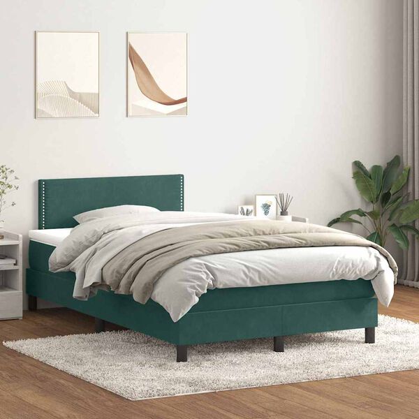 vidaXL Pat box spring cu saltea, verde &icirc;nchis, 120x210 cm, catifea