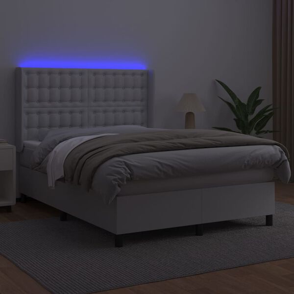 vidaXL Pat cu arcuri, cu saltea & LED, alb, 140x190 cm, piele eco