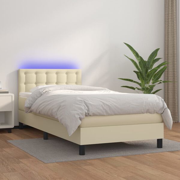 vidaXL Pat cu arcuri, saltea și LED, crem, 90x190 cm, piele ecologică