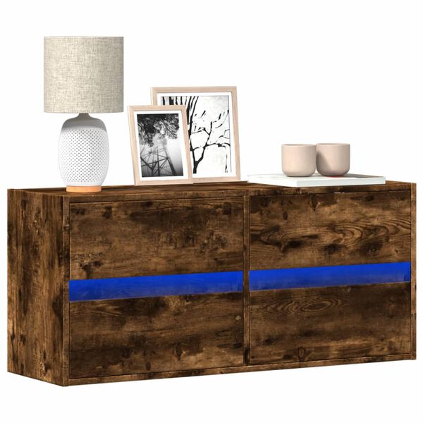 vidaXL Comodă TV de perete cu lumini LED, stejar fumuriu, 100x31x45 cm