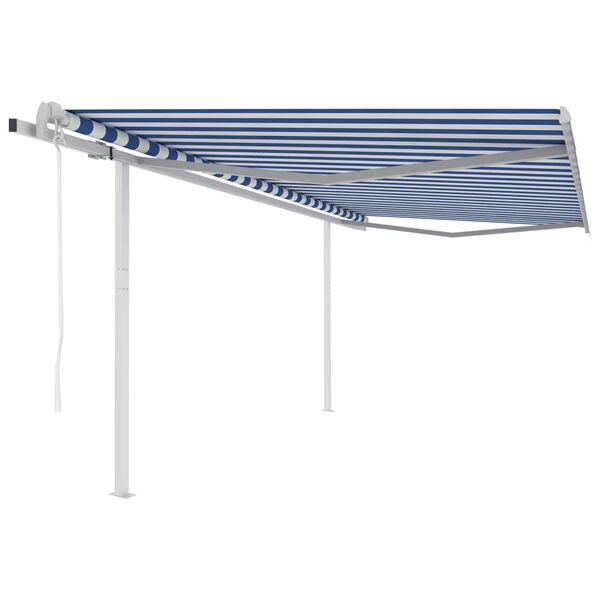 vidaXL Copertină retractabilă automat, cu st&acirc;lpi, albastru&alb 4,5x3 m