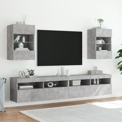 vidaXL Comode TV de perete cu lumini LED 2 buc. gri beton 40x30x60,5cm