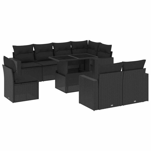 vidaXL Set mobilier de grădină cu perne, 9 piese, negru, poliratan