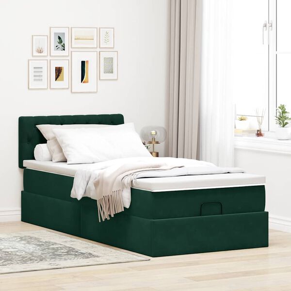 vidaXL Cadru de pat otoman cu saltea verde &icirc;nchis 90x190cm catifea