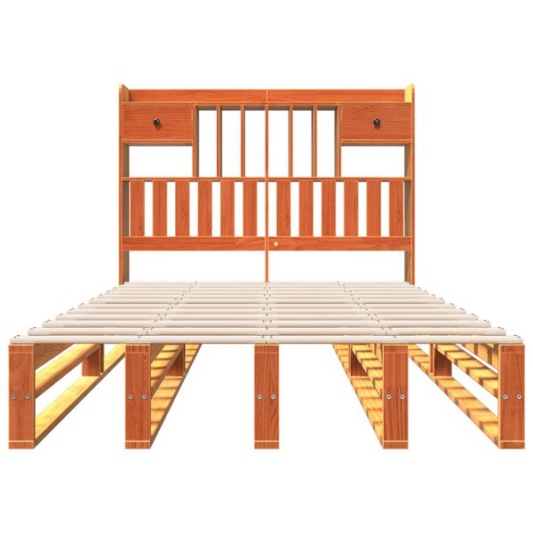 vidaXL Pat cu bibliotecă fără saltea maro 135x190 cm lemn masiv de pin