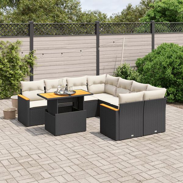 vidaXL Set mobilier de grădină cu perne, 9 piese, negru, poliratan