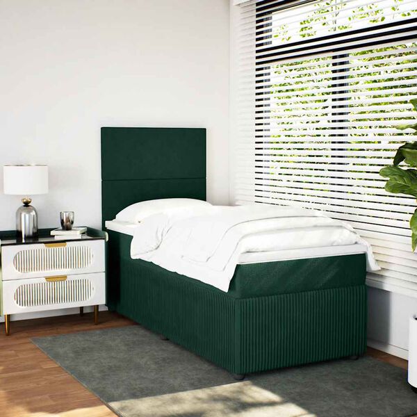 vidaXL Pat box spring cu saltea, verde &icirc;nchis, 100x200 cm, catifea