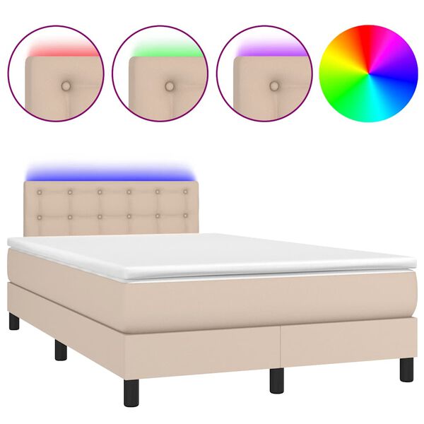 vidaXL Pat cu arcuri, cu saltea și LED cappuccino 120x190 cm piele eco