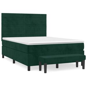 vidaXL Pat box spring cu saltea, verde &icirc;nchis, 140x190 cm, catifea
