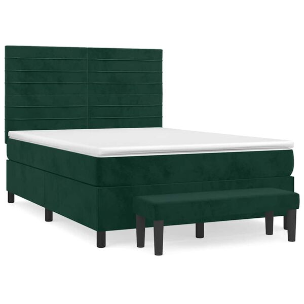 vidaXL Pat box spring cu saltea, verde &icirc;nchis, 140x190 cm, catifea