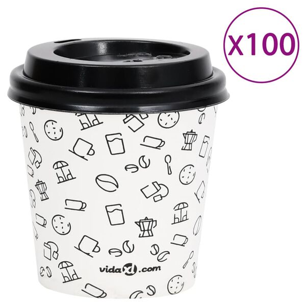 vidaXL Pahare de cafea de h&acirc;rtie cu capace, 100 buc., alb/negru 120 ml