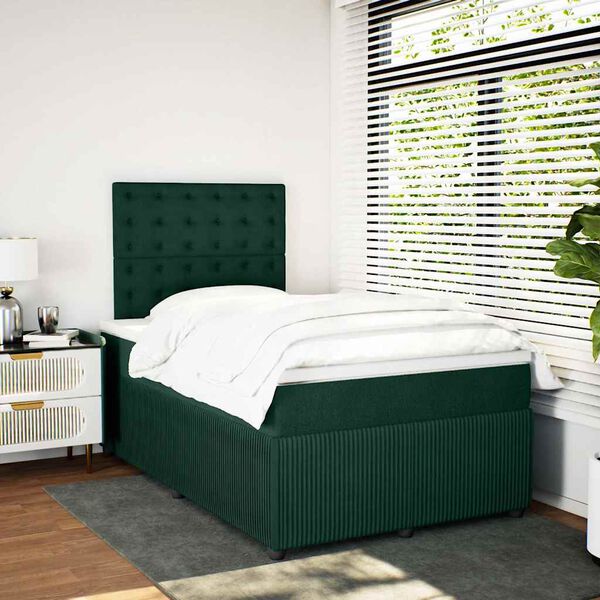 vidaXL Pat box spring cu saltea, verde &icirc;nchis, 120x190 cm, catifea