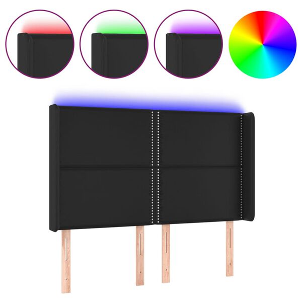 vidaXL Tăblie de pat cu LED, negru, 147x16x118/128 cm, piele ecologică