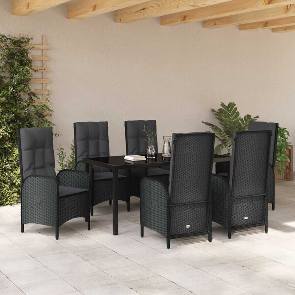 vidaXL Set de masă pentru grădină cu pernă 7 pcs Negru poliratan