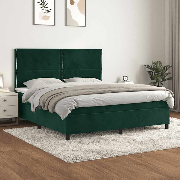 vidaXL Pat box spring cu saltea, verde &icirc;nchis, 180x200 cm, catifea