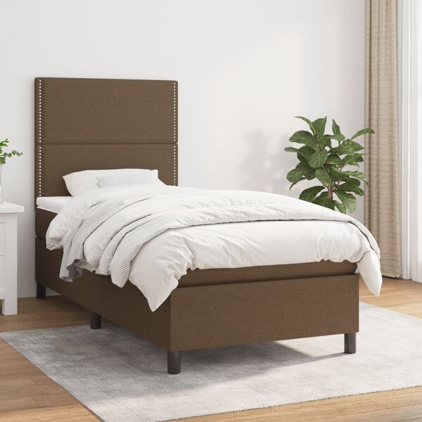 vidaXL Pat box spring cu saltea, maro &icirc;nchis, 90x190 cm, textil