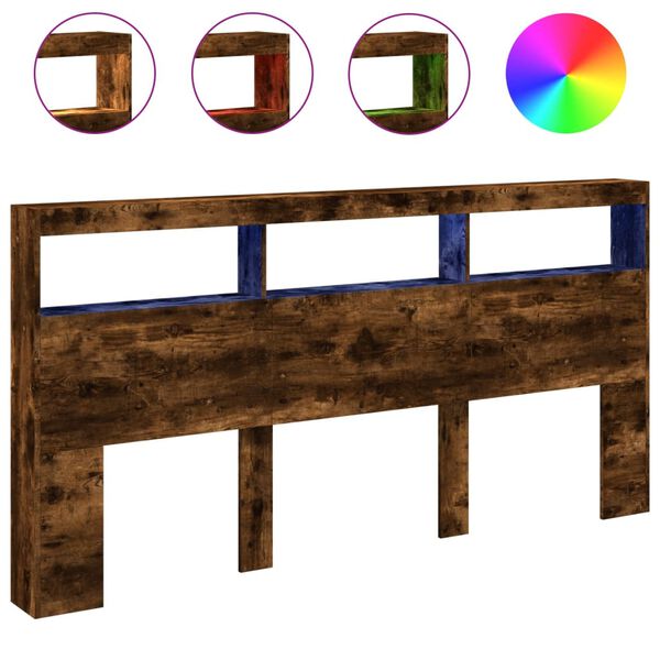 vidaXL Tăblie de pat cu dulap și LED, stejar fumuriu, 200x17x102 cm