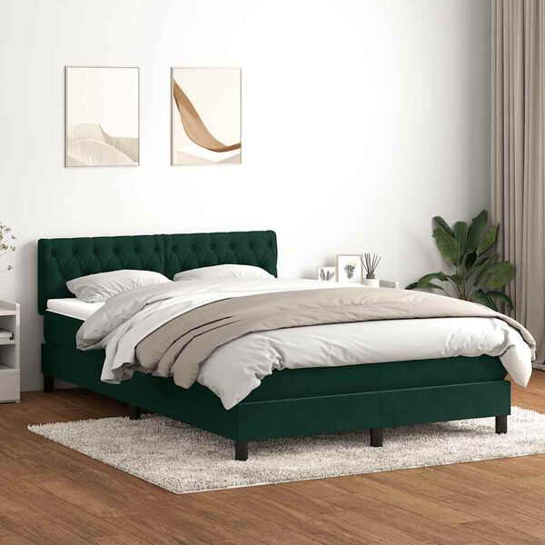 vidaXL Pat box spring cu saltea, Verde &icirc;nchis, 140x210 cm, catifea