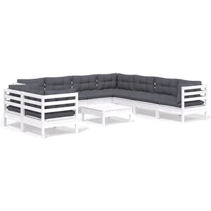 vidaXL Set mobilier grădină cu perne, 10 piese, alb, lemn masiv pin