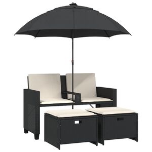 vidaXL Canapea de grădină cu 2 locuri/umbrelă/taburete negru poliratan