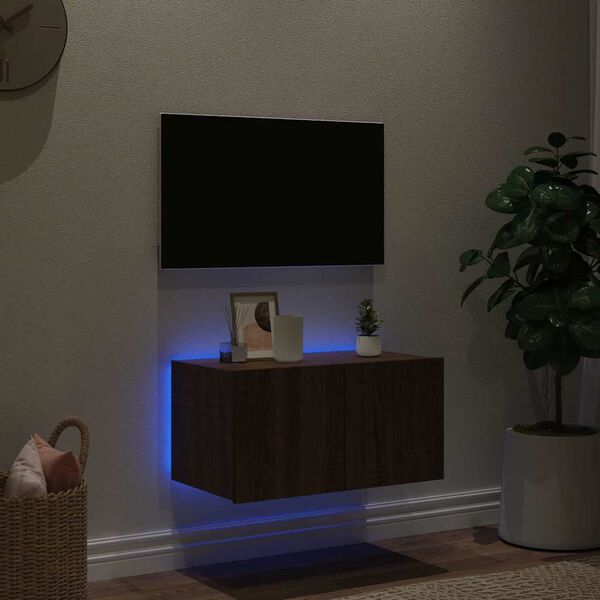 vidaXL Comodă TV de perete cu lumini LED, stejar maro, 60x35x31 cm
