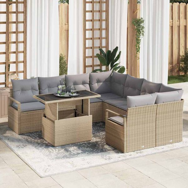 vidaXL Set de canapele pentru grădină cu pernă 9 pcs Bej Rattan poli