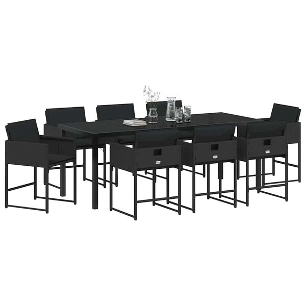 vidaXL Set de masă pentru grădină cu pernă 9 pcs Negru poliratan