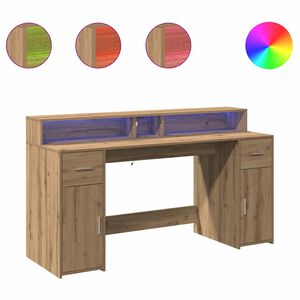vidaXL Birou cu lumini LED stejar artizanal 160x55x91cm lemn prelucrat