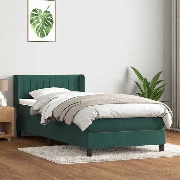 vidaXL Pat box spring cu saltea, verde &icirc;nchis, 80x210 cm, catifea