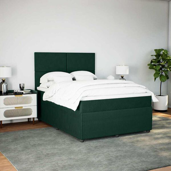 vidaXL Pat box spring cu saltea, verde &icirc;nchis, 140x190 cm, catifea