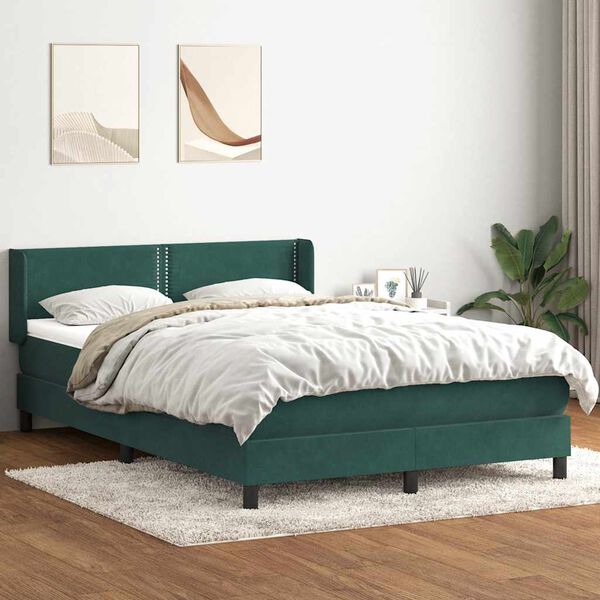 vidaXL Pat box spring cu saltea, Verde &icirc;nchis, 140x210 cm, catifea