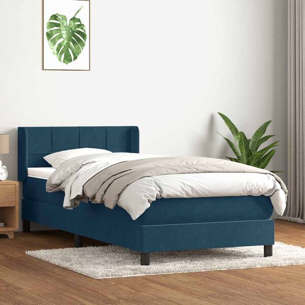 vidaXL Pat box spring cu saltea, albastru &icirc;nchis, 80x220 cm, catifea