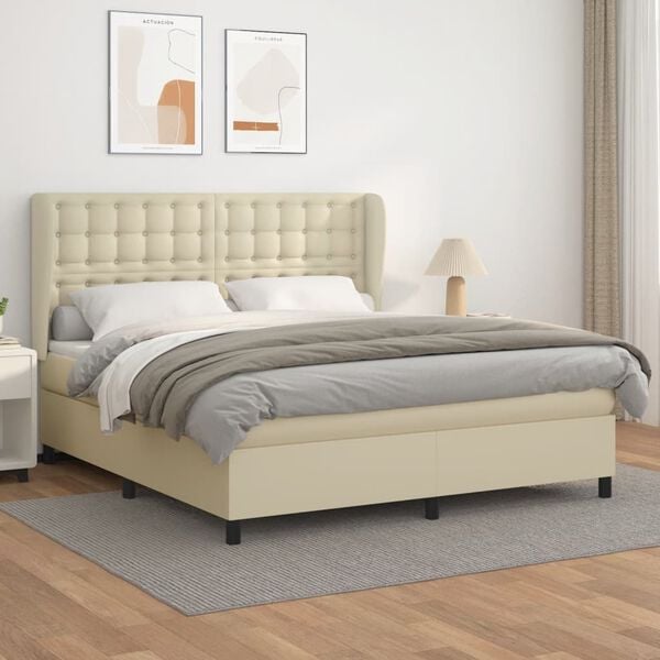 vidaXL Pat box spring cu saltea, crem, 180x200 cm, piele ecologică