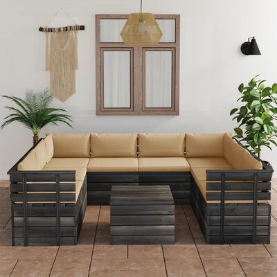 vidaXL Set mobilier grădină paleți, 9 piese, cu perne, lemn masiv pin