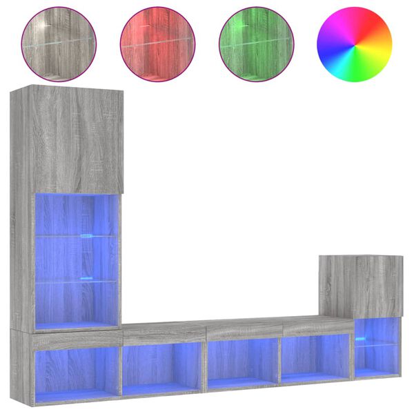 vidaXL Unități de perete TV cu LED-uri, 4 piese, gri sonoma, lemn