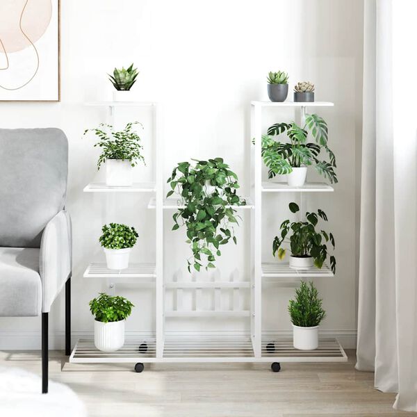 vidaXL Suport pentru flori cu roți, 94,5x24,5x91,5 cm, alb, fier