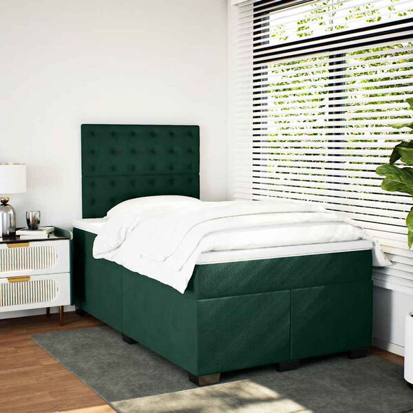 vidaXL Pat box spring cu saltea, verde &icirc;nchis, 120x190 cm, catifea