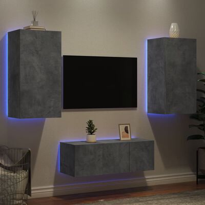vidaXL Unități TV de perete cu LED-uri 4 piese gri beton lemn compozit