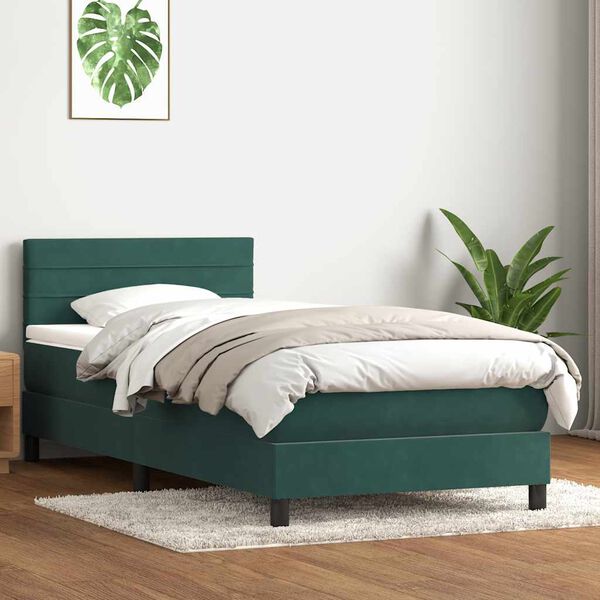 vidaXL Pat box spring cu saltea, verde &icirc;nchis, 80x210 cm, catifea