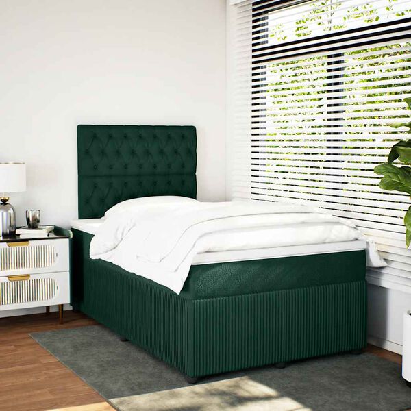 vidaXL Pat box spring cu saltea, verde &icirc;nchis, 120x200 cm, catifea