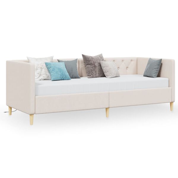 vidaXL Pat de zi cu saltea, crem, 90x200 cm, material textil, USB