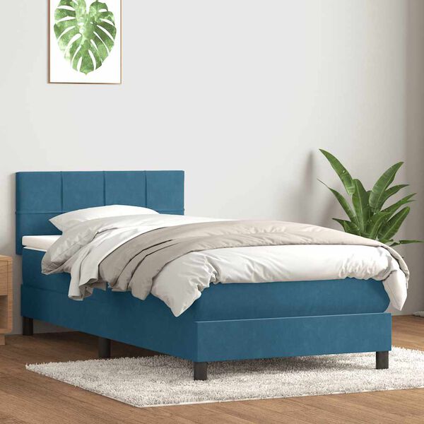 vidaXL Pat box spring cu saltea, albastru &icirc;nchis, 100x220 cm, catifea