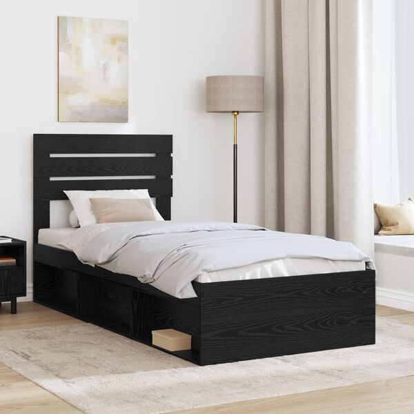vidaXL Cadru de pat cu headboard Negru 90 x 190 cm Lemn de pin masiv