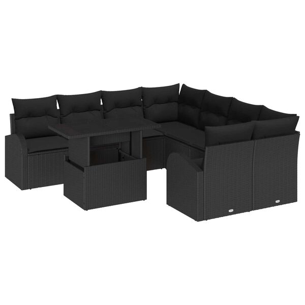 vidaXL Set de canapele pentru grădină cu pernă 9 pcs Negru Poli Rattan