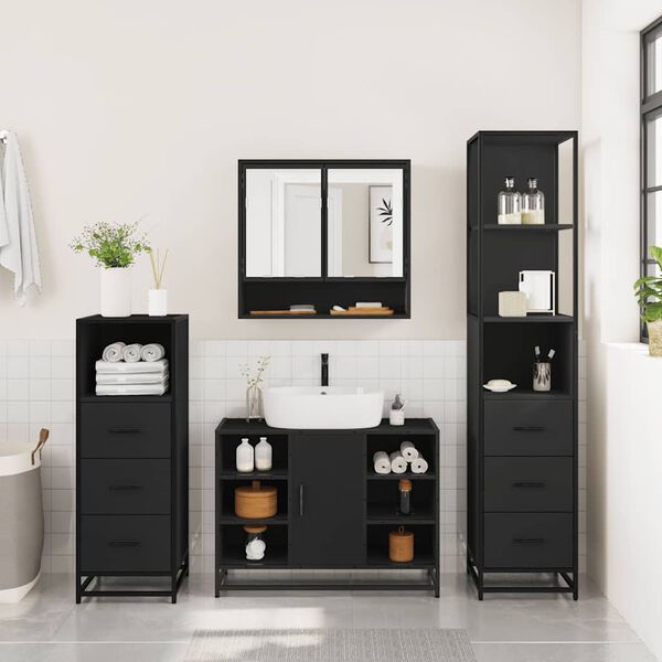 vidaXL Set de mobilier de baie 4 piese Lemn negru prelucrat