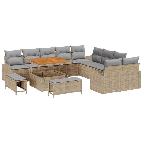 vidaXL Set de canapele pentru grădină cu pernă 13 pcs Bej Rattan poli