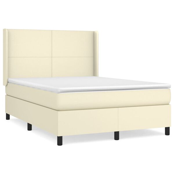 vidaXL Pat box spring cu saltea, crem, 140x200 cm, piele ecologică